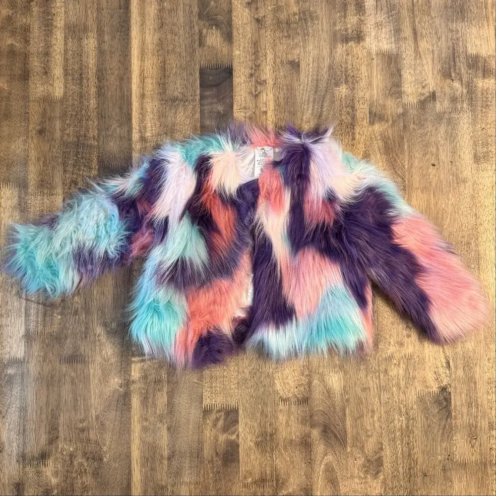 Disney Princess Faux Fur Jacket Cropped Colorful Pink Purple Teal Girls US 3
